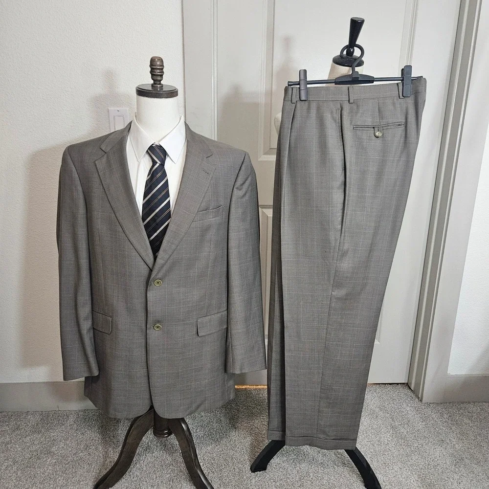 Daniel Cremieux Loro Piana Mens 2pcs Suit 44L 38x30 Pants Grey Plaid Wool 2 Bttn